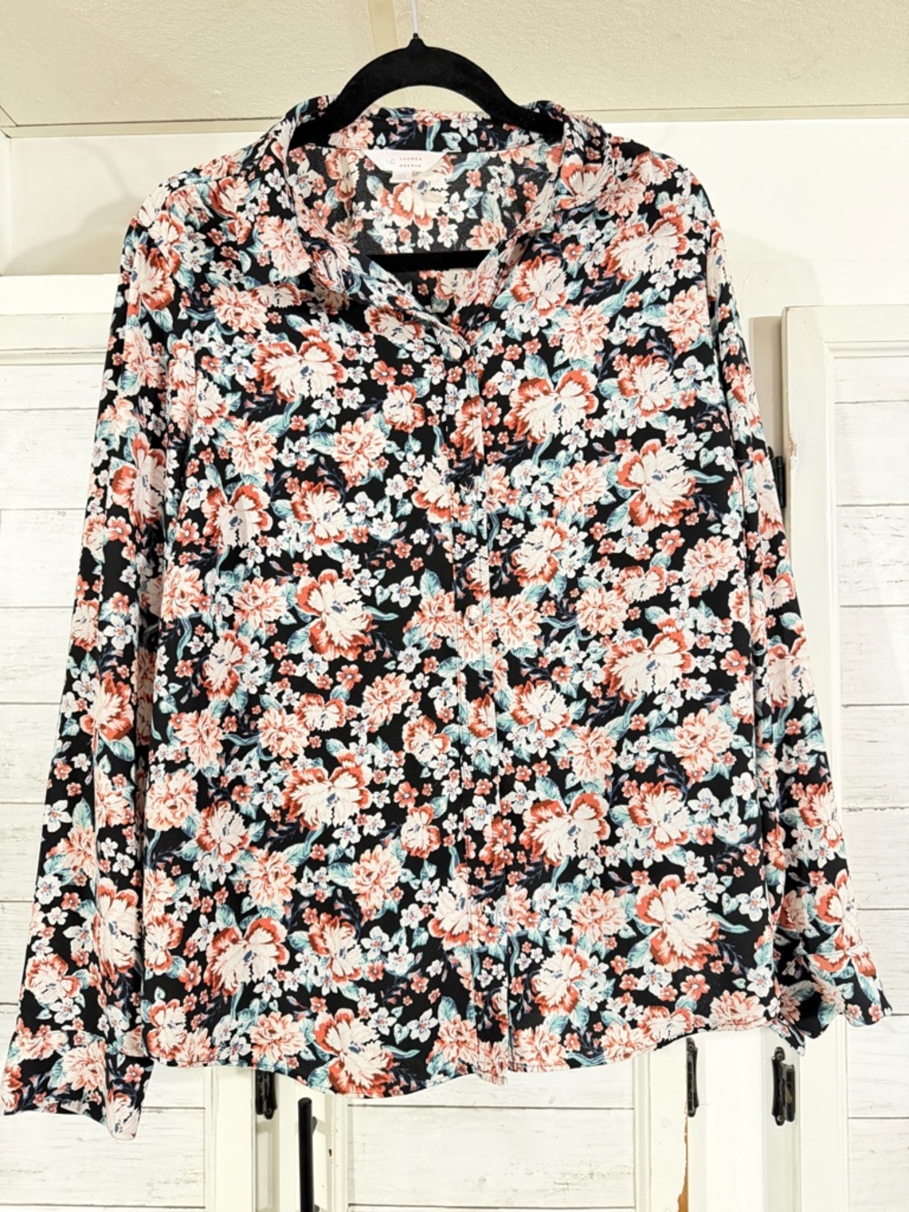 LC Lauren Conrad Floral Blouse 0X Black Multicolor Long Sleeve Lightweight Top